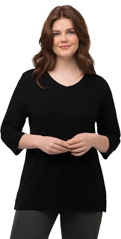 Ulla Popken Shirt, Rippjersey, V-Ausschnitt, 3/4-arm, Biobaumwolle Maglia a Costine, Scollo a V, Maniche a 3/4, Cotone Biologico, Nero, 52/54 IT Donna