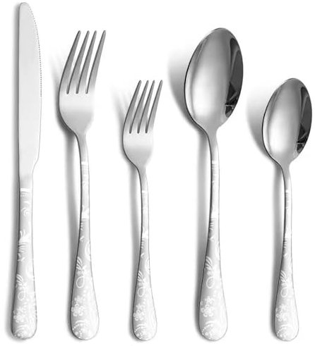 Jxkgenix Stainless Steel Cutlery Set for 4 People, 20 Piece Set Including Knife, Fork, Spoon, Mirror Polished, Dishwasher Safe, Camping Flatware (Silver)