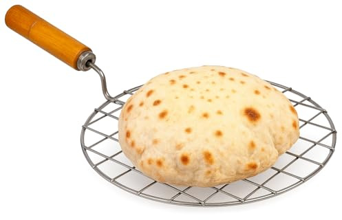 AnNafi® Multi-Purpose Round Roti Jali Papad Grill Chapati Jari Griller Pan| Big Roasting Net, Stainless Steel Multifunctional Wire Steaming Cooling & Baking Barbecue Rack Roaster with Wooden Handle
