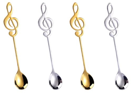 Lot de 4 cuillères à café en acier inoxydable - Petites cuillères à café en forme de note de musique - Mini cuillères à café en acier inoxydable pour cuisine, maison, restaurant, boisson