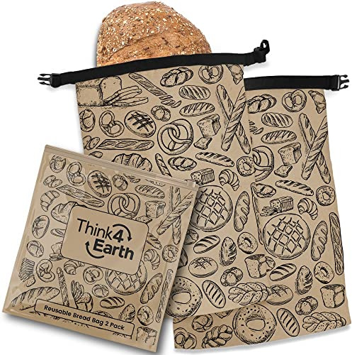 Think4Earth - 2 Packs Brown Bread Bags For Homemade Bread Loaf, Reusable Food Storage Bag, Freezer Bread Container, Large Bread Bags With Self Seal Closure