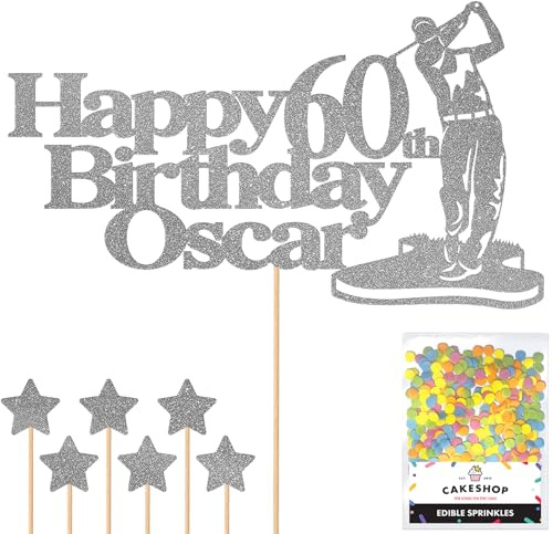 Personalised Golf Golfer Glitter Cake Topper - Dark Silver Custom Age & Name Glitter Cake Decoration and Sprinkles - Happy Birthday Decorations - Personalised Toppers for Cakes by Cakeshop