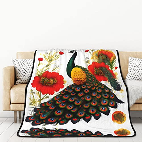 TORONG Doppelseitiger Flanell-Überwurf, Pfauen-Design, rote Blume, für Erwachsene, für Auto, Bett, Nickerchen, warme bequeme Decke