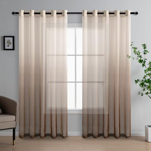 DWCN Brown Gradient Curtains for Living Room Net Curtain Eyelet Voile Curtains 90 Drop Pair Sheer curtains for Bedroom Set of 2, 66 x 90 Inches