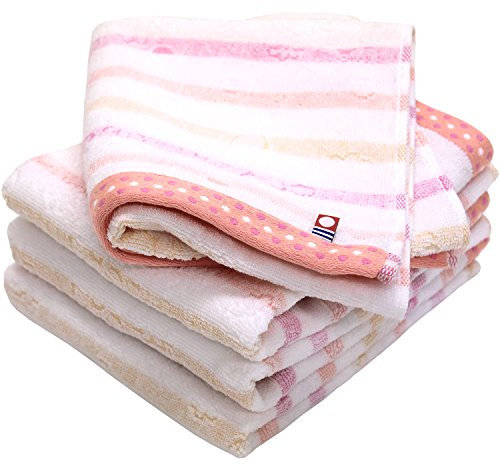 HIORIE Imabari Handtuch, 4-teiliges Handtuch-Set, japanische Handtücher, Jacquard-Handtuch, 100% Baumwolle, schnelltrocknend, leicht, Streifenmuster mit Blumenmuster, Größe:33,8 x 79,8 cm, Rosa