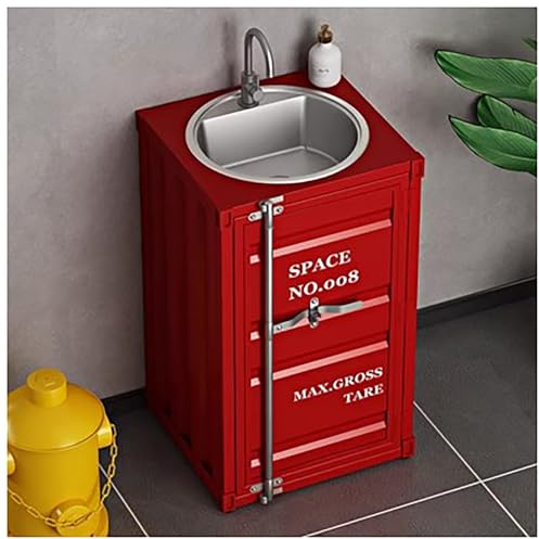 ZTGL Autoportante Mobile Lavabo, Stile Industriale Mobile Lavabo Esterno, Mobile Bagno con Lavabo in Acciaio Inox e Rubinetto, Lavandino A Colonna in Retro Ferro Battuto,Rosso,Without Mirror