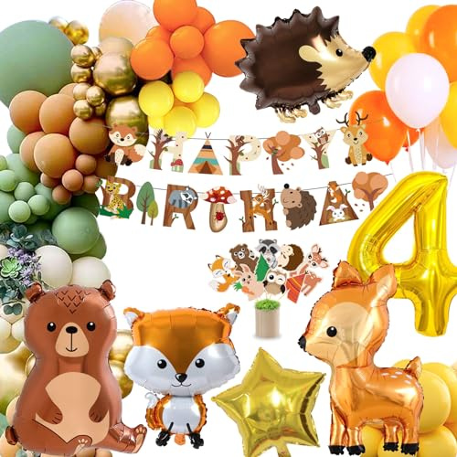 4 Geburtstag Deko Junge Mädchen,Kindergeburtstag Deko,Geburtstagsdeko 4 Jahr,Waldtiere Dschungel Geburtstag Deko,Orange Braun Luftballon mit Happy Birthday