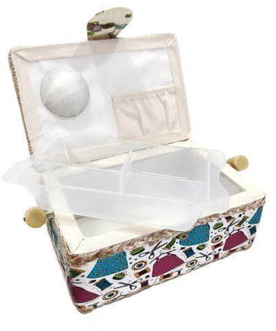 Kleines leerer Nähkasten aus Holz, mit Stoff ausgekleidet, mit 4 Fächern, Organizer mit Nadelhalter, Aufbewahrungsbox mit Griff, Zubehörablage (klein, Fäden)