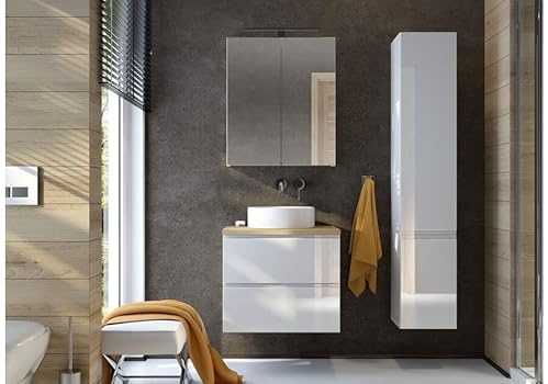 TRANS - PAL Bathroom Furniture Vanity Unit Basin Sink Wall Hung Mounted Soft Close Drawers Storage Cabinet 2 Drawer Ceramic Basin Countertop (Gloss white, 600mm + Basin)