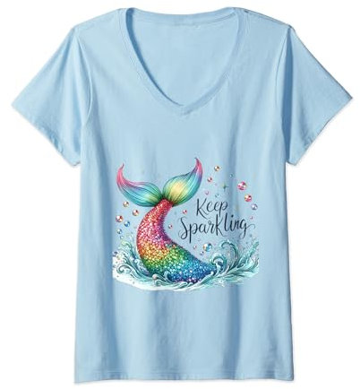 Damen Meerjungfrau Ocean Splash Regenbogen Schwanz Meer Meerjungfrauen Flosse T-Shirt mit V-Ausschnitt