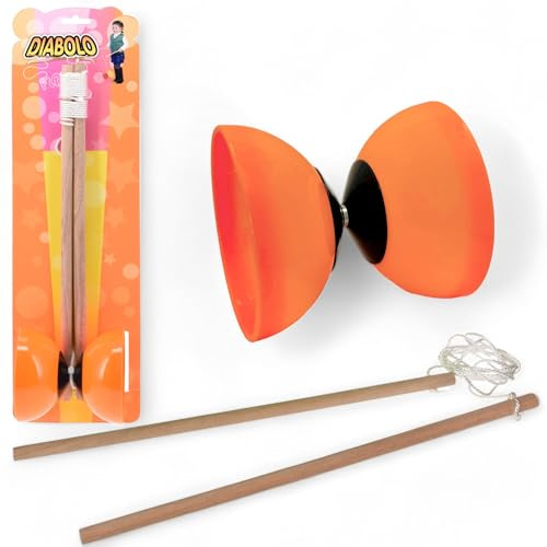 MIJOMA Diabolo Set giocoleria – 2 bastoncini di legno & diabolo in plastica morbida – gioco compatto per bambini e adulti – perfetto per coordinazione e abilità (arancione)