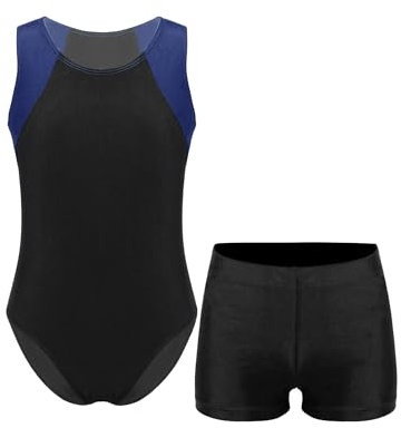 MSemis Jungen Tanztrikot ärmellose Turnanzug Gymnastik Leotard mit Shorts Kinder Gymnastikanzug Wettbewerb Sportanzug Marineblau und Schwarz 134-140