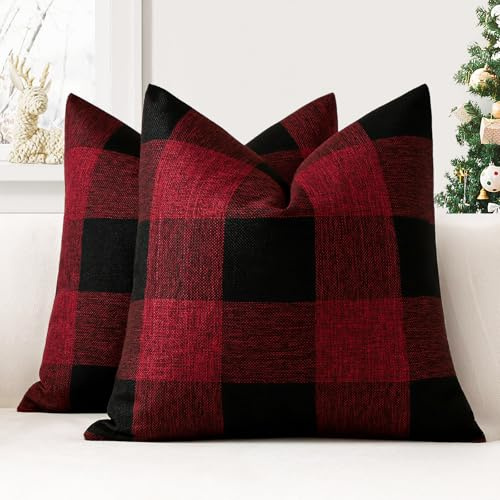 JOTOM 2er Set Buffalo Plaid Kissenbezüge, Dekorative Weich Plaid Wurf Kissenbezug Moderne Kissenhüllen Sofakissen Dekokissen Zierkissenbezug für Wohnzimmer Schlafzimmer Deko (60x60cm, Schwarz+Rot)