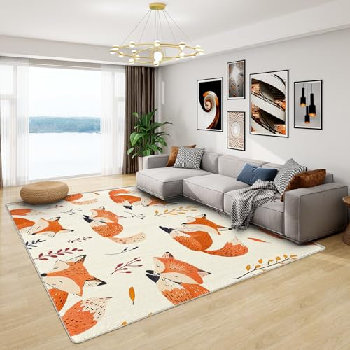 Wald Teppich Kinderzimmer - Teppich Wohnzimmer Schlafzimmer Fuchs, Großer Teppich Waldtiere, Weich Kurzflor & Waschbar & rutschfest Wohnzimmerteppich, Kinderteppich, Bettvorleger 160x230 cm