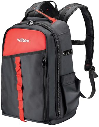 Wiltec Sac à dos à outils multipoches, 33 x 20 x 43 cm – Capacité de 30 kg – Sacoche outils à bretelles ajustable et 16 compartiments – Pour Jardinage, chantier, électriciens, plombiers, etc.