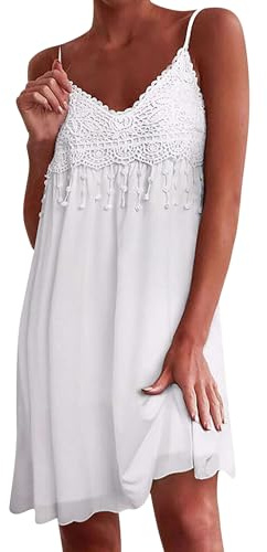 Zeagoo Abito Estivo da Donna Corto Elegante con Spalline Boho Bianco in Pizzo con Frange S
