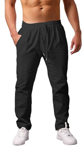 Voqeen Pantaloni Lino Uomo Pantaloni Estivi Loose Fit Pantalone con Coulisse Elastica in Vita con Tasche Pantalaccio Uomo Estivo Leggeri a Gamba Dritta
