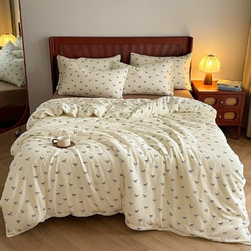 Lanqinglv Bettwäsche 135x200 4teilig Mädchen mit Schleifen Schwarz Weiß Bettwäsche aus Microfaser,ÖKO-TEX Bettwäsche Set - 2 Bettbezug mit Reißverschluss und 2 Kissenbezug 80x80 cm