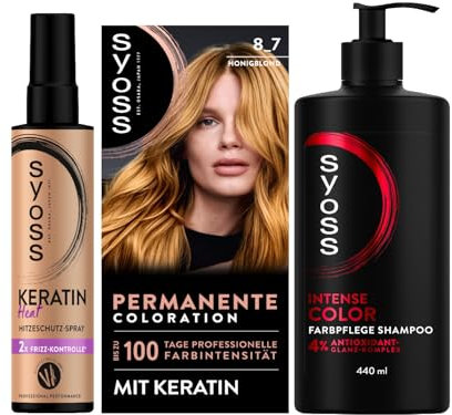 SYOSS Coloration 8_7 Honigblond (115 ml), 100% Grauabdeckung & Keratin Heat Hitzeschutz Spray (200 ml) bis zu 230 °C & Gliss Shampoo Colour Perfector (250 ml) für coloriertes und gefärbtes Haar