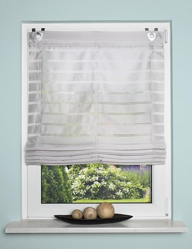 Raffrollo Fenster-Gardine Raffgardine Ösenrollo Vorhang Dekostoff mit Querstreifen und Blende OHNE Fensterhaken in Farbe Grau 1 Stück BxH: 80 x 140 cm