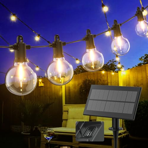 Kawaya Solar LED Lichterkette für Außen, G40 Glühbirnen, Warmweiß, mit Solarpanel Lichterkette Außen Strom LED Garten Lichterkette Aussen IP65 Wasserdicht mit 25+2 G40 Bruchsicher Glühbirnen Warmweiss