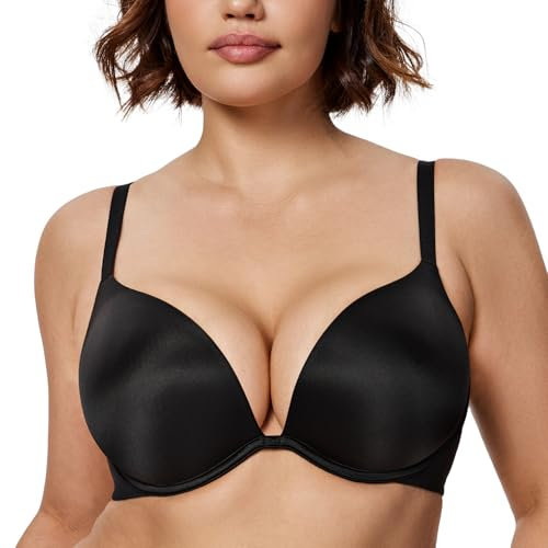 WingsLove Women's Push Up Bra Seamless Deep V Plunge Lightly Padded Multiway T-Shirt Bras Add 1 Cup (Black,38D)