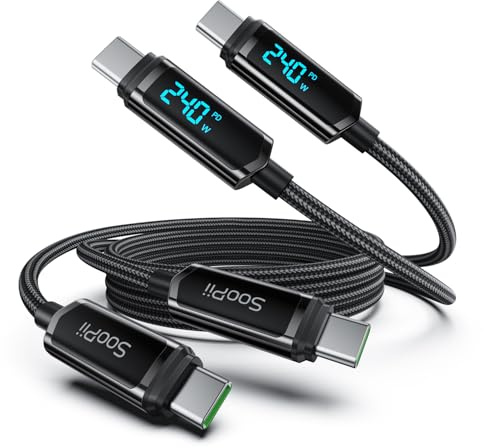 SooPii 240W Câble USB C vers USB C avec affichage LED, 1.2m 2Pièces, Noir | Nylon Tressé Type C Câble pour iPhone 17/16/15 Pro Max, Galaxy S25/S24, MacBook Pro/Air, iPad