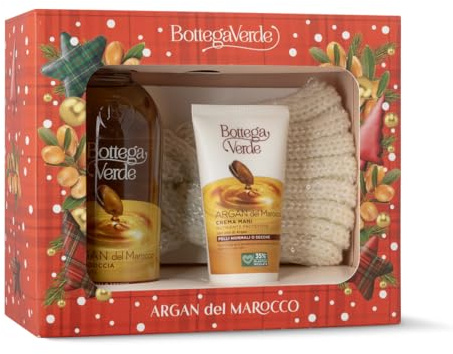 Bottega Verde - Cofanetto Regalo Argan, con Bagnodoccia 400 ml, Crema Mani 75 ml e Fascia in Maglia, Glam e Nutriente, Idea Regalo Invernale