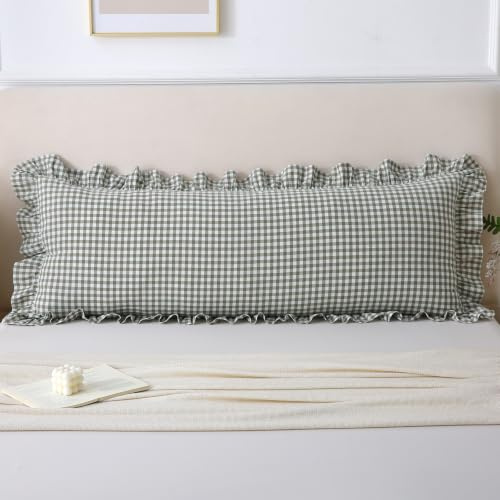 Aryeleay Sage Green/White Plaid Ruffled Body Pillow Cover Washed Cotton Farmhouse Checkered Gingham 1 Piece Pillowcase for Living Room 20x54