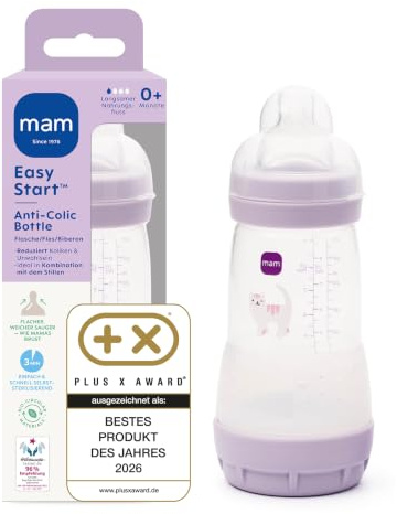 MAM Easy Start Anti-Colic Babyflasche 260 ml, 0+ Monate, Gr. 1, Katze | Selbst-sterilisierend in der Mikrowelle in 3 Min, Anti-Kolik-Bodenventil, brustähnlicher SkinSoft Sauger, ab Geburt