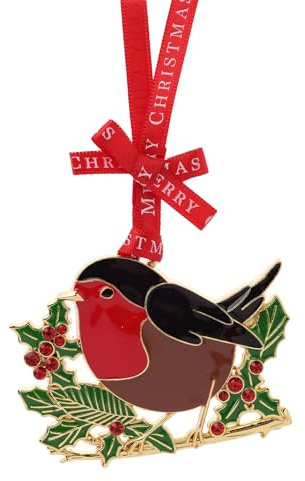 Widdop Regal Tidings Collectable Robin Tree Decoration – Luxury Metal Christmas Ornament with Holly Wreath & Ribbon – Red Gift Box