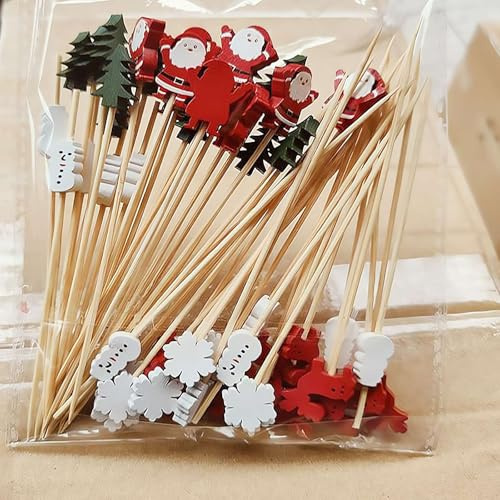 50 palitos de cóctel de Navidad, pinchos de cóctel de madera hechos a mano, árbol de Navidad, muñeco de nieve, copos de nieve, palillos de dientes para aperitivos, pinchos de bambú de madera