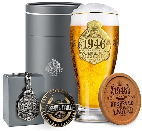 CROWNLY CRYSTAL 80th Birthday Gifts for Men Pint Glass 1946 570 ml Personalised Gifts for Men – Dad Husband Grandad Brother Birthday Gift Box with Coaster, Keyring & Bottle Opener