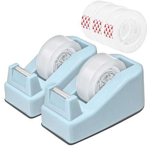 2-Pack Desktop Office Tape Dispenser with 5 Refill Rolls, Fits Standard 1-Inch Core Tapes, Weighted Base, Adhesive Roll Holder for Office, School, Shop, Home & Business - Blue