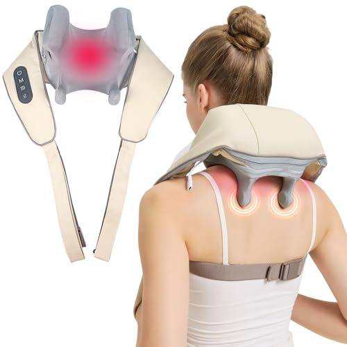 Jdfdexc 4D Wireless Deep Tissue Kneading Neck Massager with Heating Function, Shiatsu and Shoulder Massage Pillow,Back and Leg Pain Relief(Off-White)