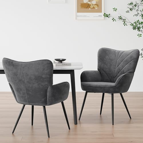 COLAMY Esszimmerstühle mit Armlehnen 2er Set, Stühle Esszimmer mit Rückenlehne, Polsternder Küchenstühle Gepolstert mit Wingback, Dining Chairs mit Holzbeinen für Esszimmer, Küche, Restaurant, Grau