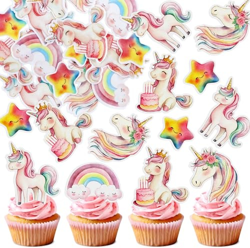 Blumomon 50Pcs Edible Unicorn Cake Decoration Cartoon Star Rainbow Cupcake Topper Unicorn Theme Party Decorations Kids Birthday Baby Shower Party Decorations Supplies
