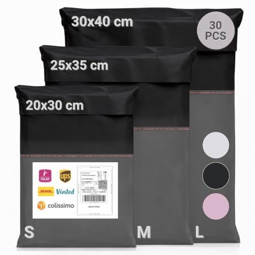 Zenacasa - 30 Vinted paketfraktpåsar - Storlek S/M/L - Slitstarka, ogenomskinliga och vattentäta plastkuvert, svarta