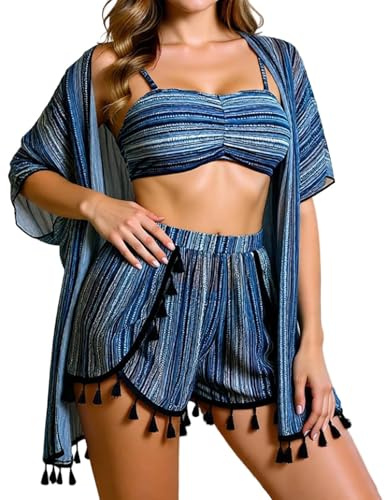 Generisch Costume da bagno da donna 2026, bikini con frange, costume da bagno in 4 pezzi, con copertura parasole, costume da spiaggia tankini, Blu, M