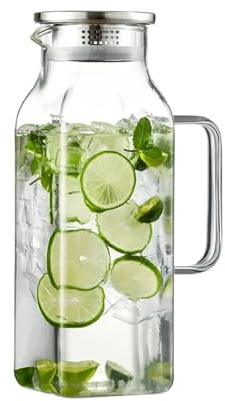 Giwuence Carafe en verre avec couvercle - 2 L Carafe À Boisson Avec Poignée Et Couvercle - Pichet À Jus En Verre,Pour Réfrigérateur, Plan De Travail, Barbecue, Pique-Nique, Camping, Limonade, Café,