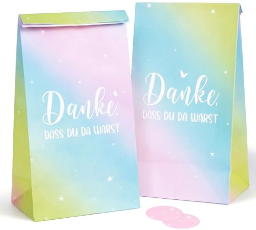 COMOOKA 12 Stück Geschenktüten Kindergeburtstag 13x8x24cm Mitgebsel Tüten mit 12 Aufklebern Bunt Papiertüten Geburtstagstüten Kinder Mädchen Klein für Hochzeit Schmetterling Einhorn Party Tüten