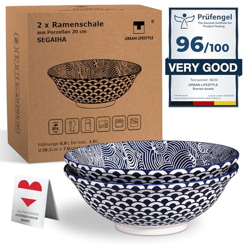 Urban Lifestyle Tazón de ramen Seigaiha 0.8-1.0 L porcelana 1300 °C juego de 2-20 cm tazón de sopa, ensaladera, tazón de ramen japonés, cuencos aperitivos, cuencos cocina, cuenco ramen, bowl