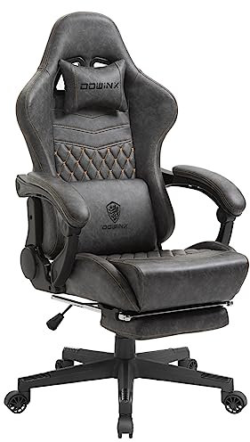 Dowinx Gaming Stuhl Bürostuhl Ergonomischer PC-Stuhl mit Massage Lendenwirbelstütze, Vorteil Stil PU Leder Hohe Rückenlehne Verstellbarer Drehsessel mit Fußstütze (Grau)