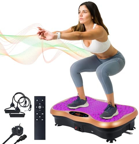 EVOLAND Vibration Plate Exercise Machine, Vibration Fitness Trainer with Bluetooth Speaker 5 Program Modes 2 Resistance Bands, Home Exercise Equipment for Fitness Body Toning-Purple