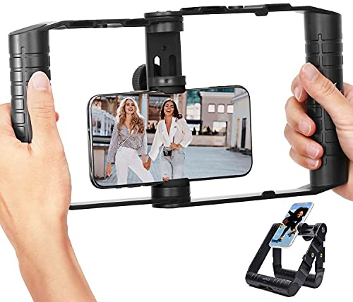 Movo SPR-20 Foldable Smartphone Video Rig Cage with Cold Shoe Mounts for Microphone or LED Light - Vlogging Mount Compatible with iPhone, Android - Smartphone Video Stabilizer Grip - Filming Equipment