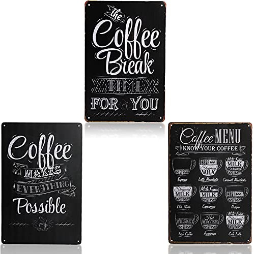 ZOOFOX 3 Pieces Coffee Menu Sign, 12 X 8 Vintage Metal Tin Sign Coffee Poster, Wall Retro Metal Sign, Home Wall Decor Accessories for Shop Bar Kitchen