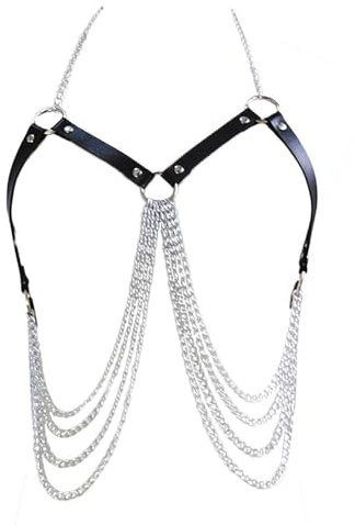 Cadenas de pecho sexy punk en capas de cuero plateado, cadena para el cuerpo, anillo de arnés rave, cadena para el cuerpo, joyería para mujeres y niñas, negro, ajustable