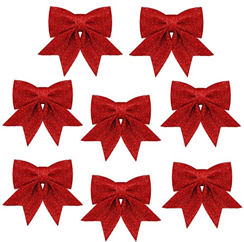 8 Pack Red Bows for Christmas Tree,5.5 Inch Glitter Red Wreaths Bows Christmas Bows for Tree Decorations,Xmas Tree Bows,Sequin Bows Ties Ornaments for Christmas Tree,Wreaths,Garland Decorations