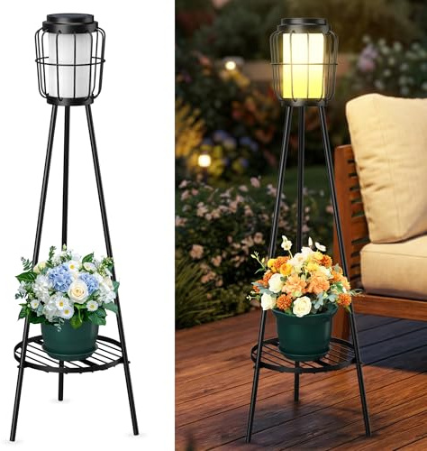 2-in-1 Solar Lights Outdoor with Plant Stand, Waterproof Solar Floor Lamp & Tall Metal Planter Holder for Outside, Decorative Tripod Pathway Lantern for Patio, Garden, Porch, Yard Decor (2 Pack)
