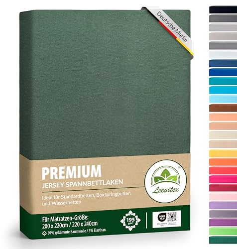 Premium Spannbettlaken, extra schwer und dick, 97% Mako-Jersey-Baumwolle und 3% Elasthan, auch Boxspringbett geeignet, 200 x 220-220 x 240 cm, Dunkelgrün/Tannengrün